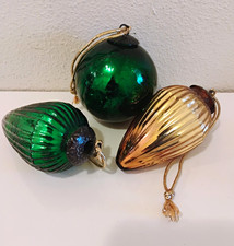 Vintage Heavy Glass Christmas Ornaments Lot 3pc Green Crackle Kugel Pinecone  picture