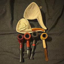 Lot of 4 Tobacco Smoking Pipes + 2 Pipe Cases, White Carved, Multicolor picture