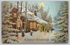A Merry Christmas Snowy Cabin Scene Horse Moon Postcard 1910s picture