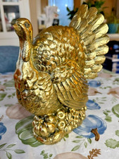 NEW LARGE GOLD THANKSGIVING TURKEY FIGURE FALL AUTUMN TABLE MANTEL DECORATION picture