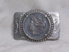 vintage antique nickle silver belt buckle 1879 Morgan Coin Western style art picture
