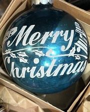 Vintage Big Franke Shiny Brite Blue Glass Bells Holly Merry Christmas Ornament picture