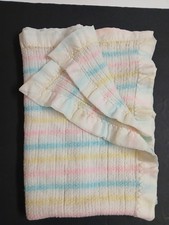 Vintage Acrylic Baby Blanket Waffle Weave Satin Trim Pastel Stripes 44