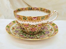 Antique Royal Albert Court China Teacup Saucer Hand Painted Heavy Gold Floral picture