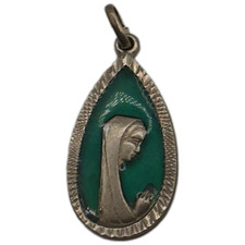 Antique Blessed Mother Pendant Charm Religious Catholic Green Inlay picture