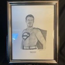 George Reeves as Superman SIGNED BY ILLUSTRATOR Graphite Pencil B&W Framed Photo picture