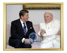 RONALD REAGAN MEETING POPE JOHN PAUL II FAIRBANKS ALASKA 8X10 GOLD FRAMED PHOTO picture