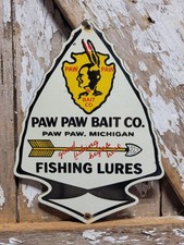 VINTAGE PAW PAW BAIT PORCELAIN SIGN RARE OLD MICHIGAN FISHING ROD TACKLE FISH CO picture