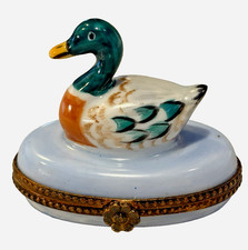 LIMOGES France PEINT MAIN Hinged Trinket Box-Colorful MALLARD DUCK on water picture
