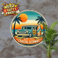 Classic California Surf Coast Round Metal Sign Retro Surfer Room Decor 8x8 In picture