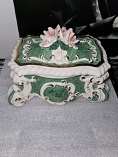 Vtg Italy Capodimonte Style Porcelain Casket Jewelry Box Green Gold 3D Rose 8511 picture