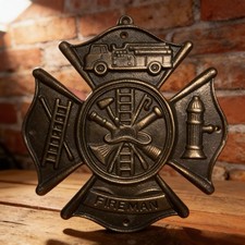 Heavy Cast Iron Cross Shield Firefighter Wall Plaque...Ships Free picture