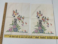 Vintage Linen Embroidered Floral Mail Box Towels Hand Blue Purple picture