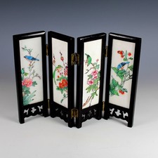 Vintage Chinese Porcelain 4 Panel Table Screen Hand Painted Double Sided picture