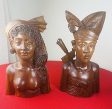 Vtg 1930s Bali Teak Wood Busts 13” Pair Hand-Carved Balinese Sculpture Man Woman picture