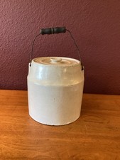 Antique Glazed Stoneware Storage Crock With Wire Bail Handle And Matching Lid picture