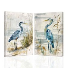 SWQYLB Blue Heron Wall Art Set of 2 Coastal Bird Paintings Beach Animal Pictu... picture