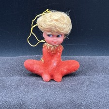 Vtg 1960s Flocked Plastic Pixie Elf Ornament Red Gold Rick Rack Trim  picture