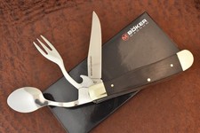 BOKER MAGNUM TREE BRAND SMOOTH EBONY WOOD HOBO TRAPPER KNIFE FORK & SPOON NICE picture