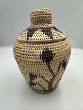 Vintage Coiled Lidded Handwoven Raffia Basket African Tribal 9” Decorative  picture