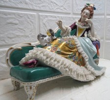 Antique Sitzendorfer Porcelain Figurine Lady Relaxing With Dog In A Couch picture