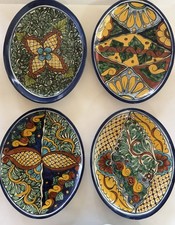 VTG Talavera Mexican Art Pottery Oval Wall Plaques Platters Set 4 Signed Amora picture