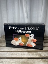 New Fitz and Floyd Halloween Ghost Pumpkin Candle Holders Set of 2 - 2004 & Box picture