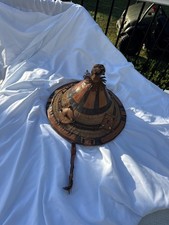 Vintage West African Fulani Handwoven Straw & Leather Conical Hat picture