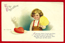 Vtg Clapsaddle Valentines Day Heart on Fire Boy Red Suspenders Fan Emb A/S c1910 picture