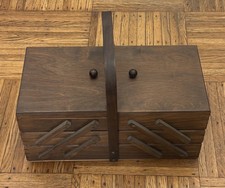 LARGE Vintage Midcentury Wood Tiered Foldout Accordion Style Sewing Box Antique picture