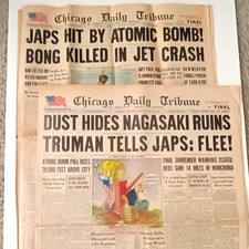 Lot of 2 - Hiroshima & Nagasaki Atomic Bomb - World War II 2 -Chicago Newspapers picture
