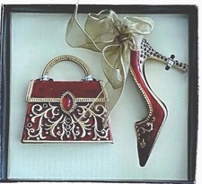 Ashleigh Manor Miniature Purse & Shoe Charms Enamel Red, Gold Trim NEW picture