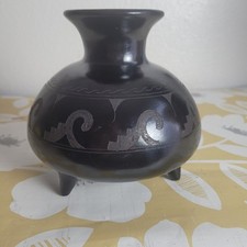 Vintage Mateos Art Carved Blackware Pottery Mexico Black Vase Signed Some Chips picture