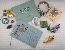 Grandma’s small Jewelry & Junk Drawer lot. Jewelry pins brooches Ephemera cards picture