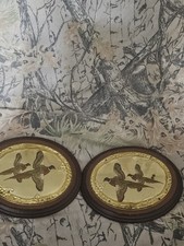 Vintage Oval Wood w Hammered Brass Hand Painted Plaques Of Pheasants Mid Flight picture