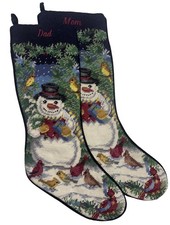 2 Vintage Y2K Lands' End Needlepoint Wool Christmas Stocking Mom & Dad Snowman picture