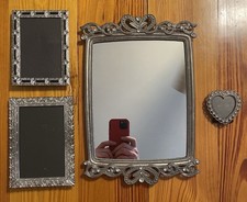 VTG Antique Jewel Vanity Set Ornate Silver Pewter Mirror Photo Frame Set 4pc picture