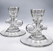 Cambridge Glass Cascade Clear Candlestick Holders Pair Vintage Elegant MCM picture