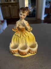 Vtg Chadwick Japan Vanity Lipstick Hldr Porcelain Lady Yellow Dress Figurine G19 picture