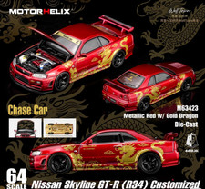 Motorhelix 1/64 Nissan Skyline GT-R R34 Customized Metallic Red Gold Dragon picture
