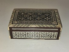 Vtg Middle Eastern Egyptian Style Inlaid Wood Mosaic Trinket Box Boho 6.5” EUC picture