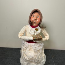 Byers Choice Caroler Woman holding Present, White Dress, Long Brown Hair, 1993 picture