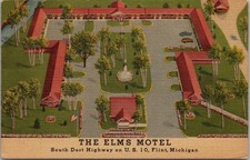 1950s FLINT, Michigan Postcard THE ELMS MOTEL Aerial View Hwy 10 Roadside LINEN picture