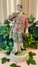 ANTIQUE FRENCH ROCOCO GENTLEMAN HAND PAINTED GILDED 16” PORCELAIN FIGURING EUC picture