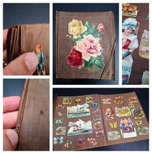 c1900 Antique Victorian Edwardian Cloth Scrapbook Album Die Cut Scraps Postcards picture