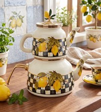 Enamel Turkish Teapot Set Lemon Checkerboard Vintage Double Tea Maker Stovetop picture