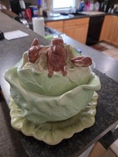 Vintage Cabbage Cookie Jar with 3D Bunnies - Farmhouse Easter Decor picture