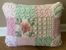 White Rosebud Pink Green CCraft Throw Pillow Case From Chenille Bedspread 12x16” picture