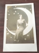 Vintage B&W Real Photo Postcard Studio Lady Sittting Paper Moon RPPC Unposted picture
