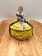 Vtg Art Deco Porcelain Flapper Lady Powder Jar Trinket Box Japan Yellow Dress 4